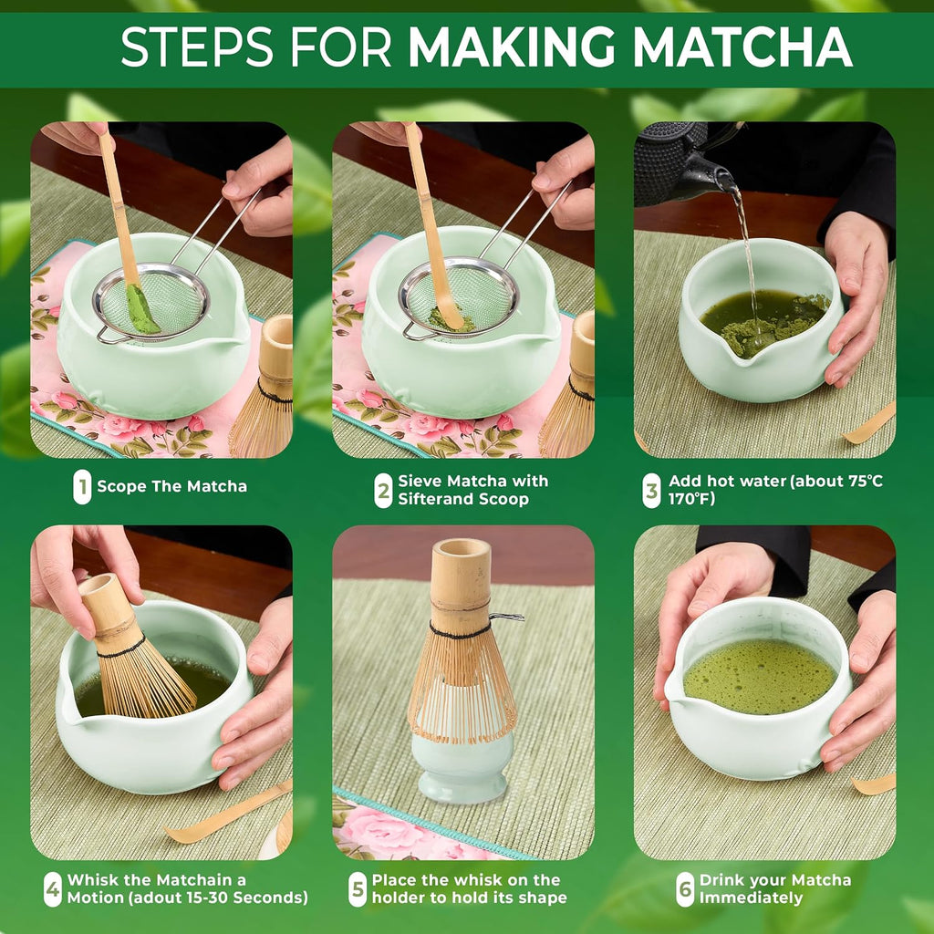 8Pcs Matcha Whisk Set - 530Ml Matcha Whisk Set with Ceramic Matcha Bowl | Japanese Tea Set | Matcha Lover Gifts | Matcha Accessories | Matcha Set | Bowl Mixing Set - Green Matcha Kit