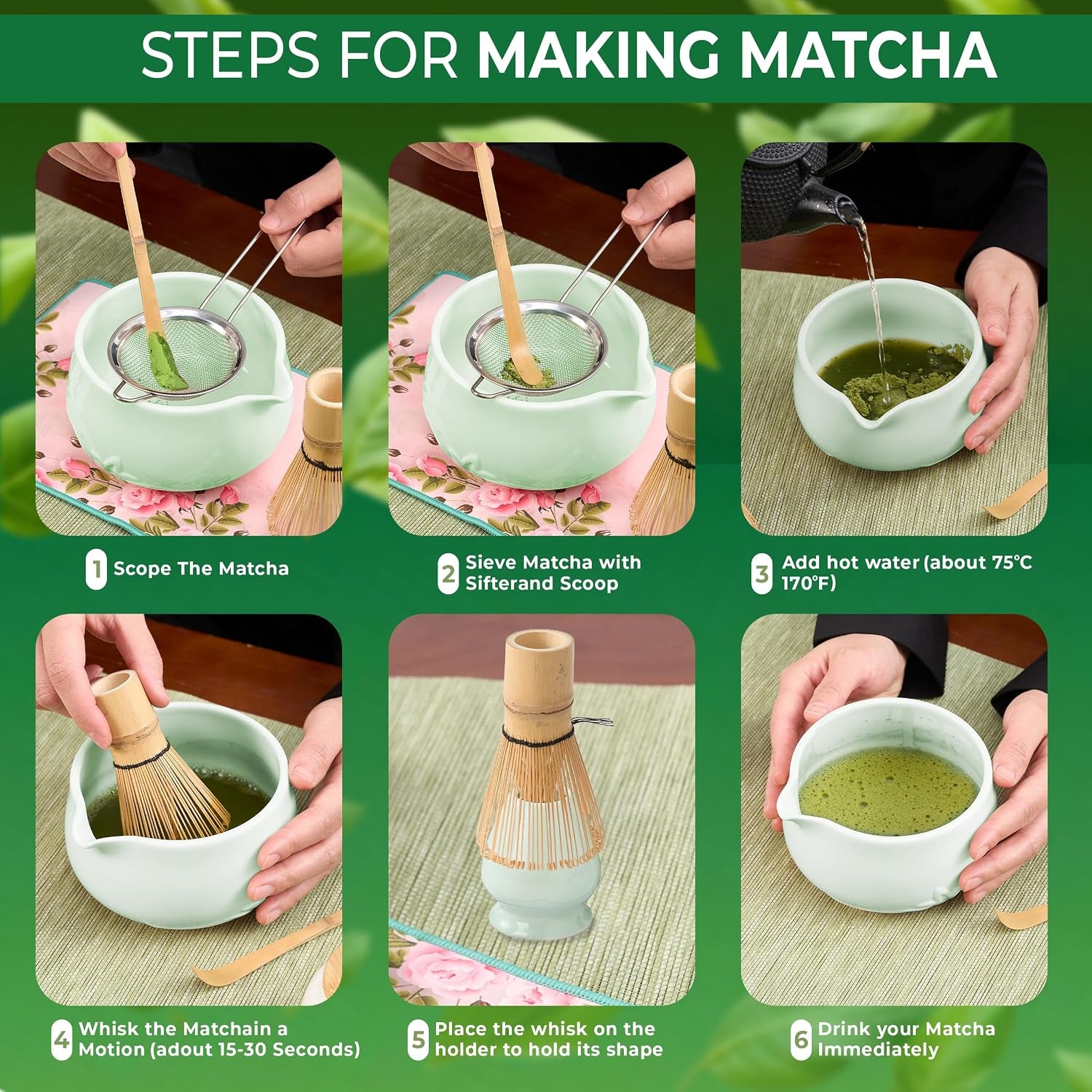 8Pcs Matcha Whisk Set - 530Ml Matcha Whisk Set with Ceramic Matcha Bowl | Japanese Tea Set | Matcha Lover Gifts | Matcha Accessories | Matcha Set | Bowl Mixing Set - Green Matcha Kit