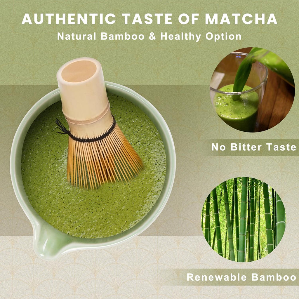 Matcha Whisk and Bowl with Ceramic Matcha Whisk Holder,Matcha Sifter, Matcha Spoon and Scoop Handmade from Natural Bamboo,Matcha Making Kit Cyan, Normal, Zymc6Pcs01-Cyan