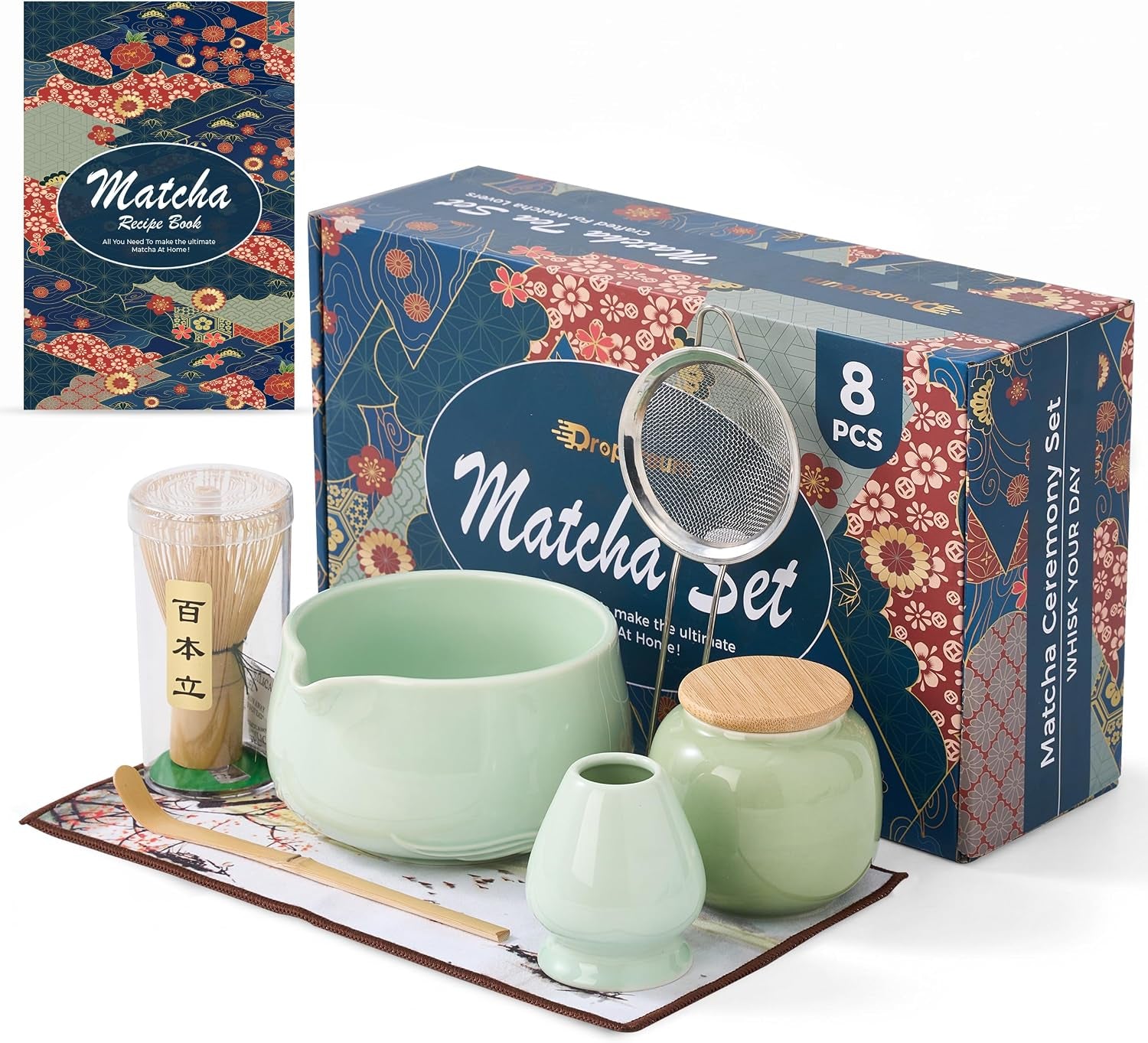 8Pcs Matcha Whisk Set - 530Ml Matcha Whisk Set with Ceramic Matcha Bowl | Japanese Tea Set | Matcha Lover Gifts | Matcha Accessories | Matcha Set | Bowl Mixing Set - Green Matcha Kit