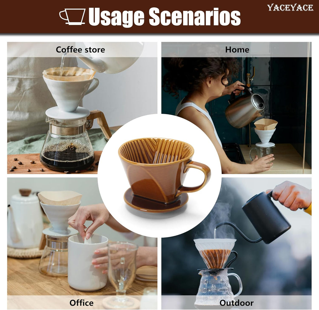 Pour over Coffee Dripper, Single Brown Ceramic Pour over with 3 Holes, Medium Pour over Coffee for Shop, Home, Office and Bar