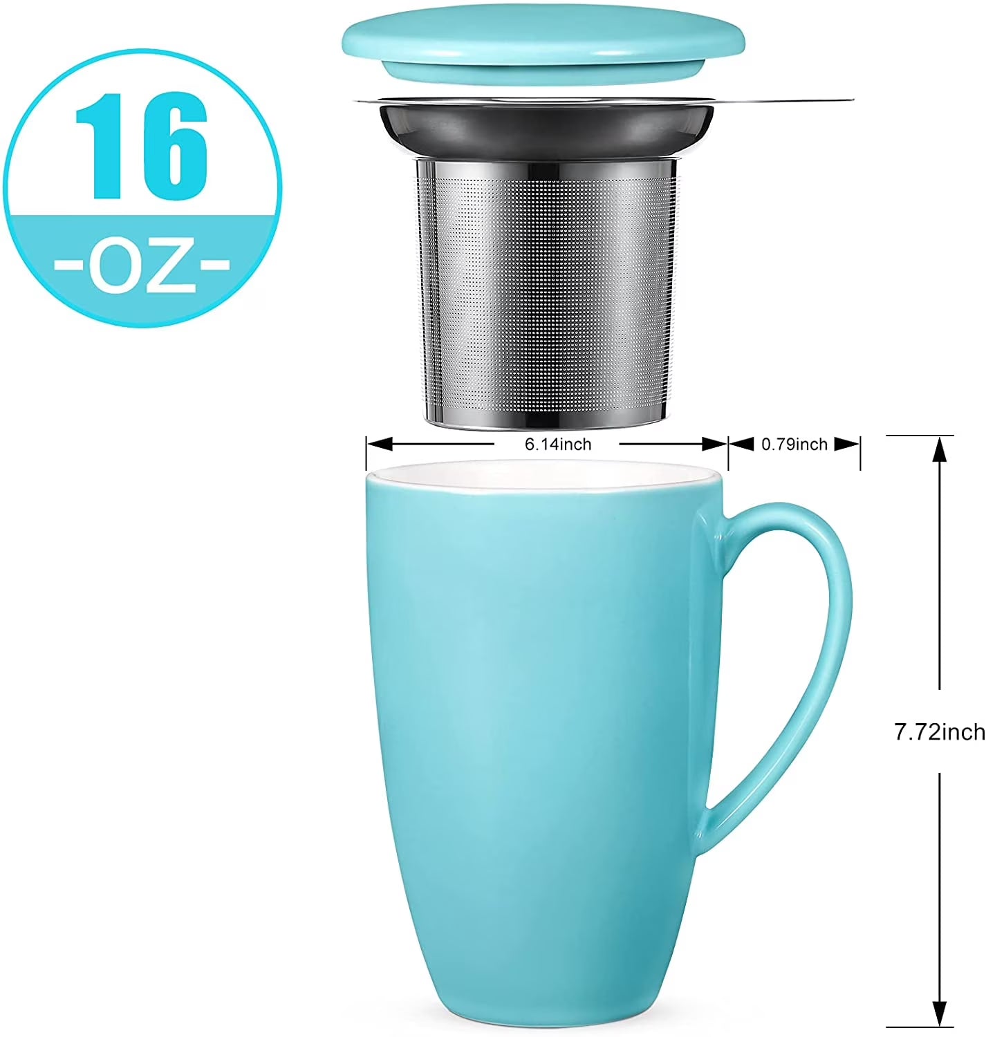 16 Oz Ceramic Tea Cup, Porcelain Tea Mug with Loose Leaf Infuser and Lid, Microwave and Dishwasher Safe Tea Mug, Tea Infuser Cup for Loose Leaf, Coffee, Cocoa and Milk, White