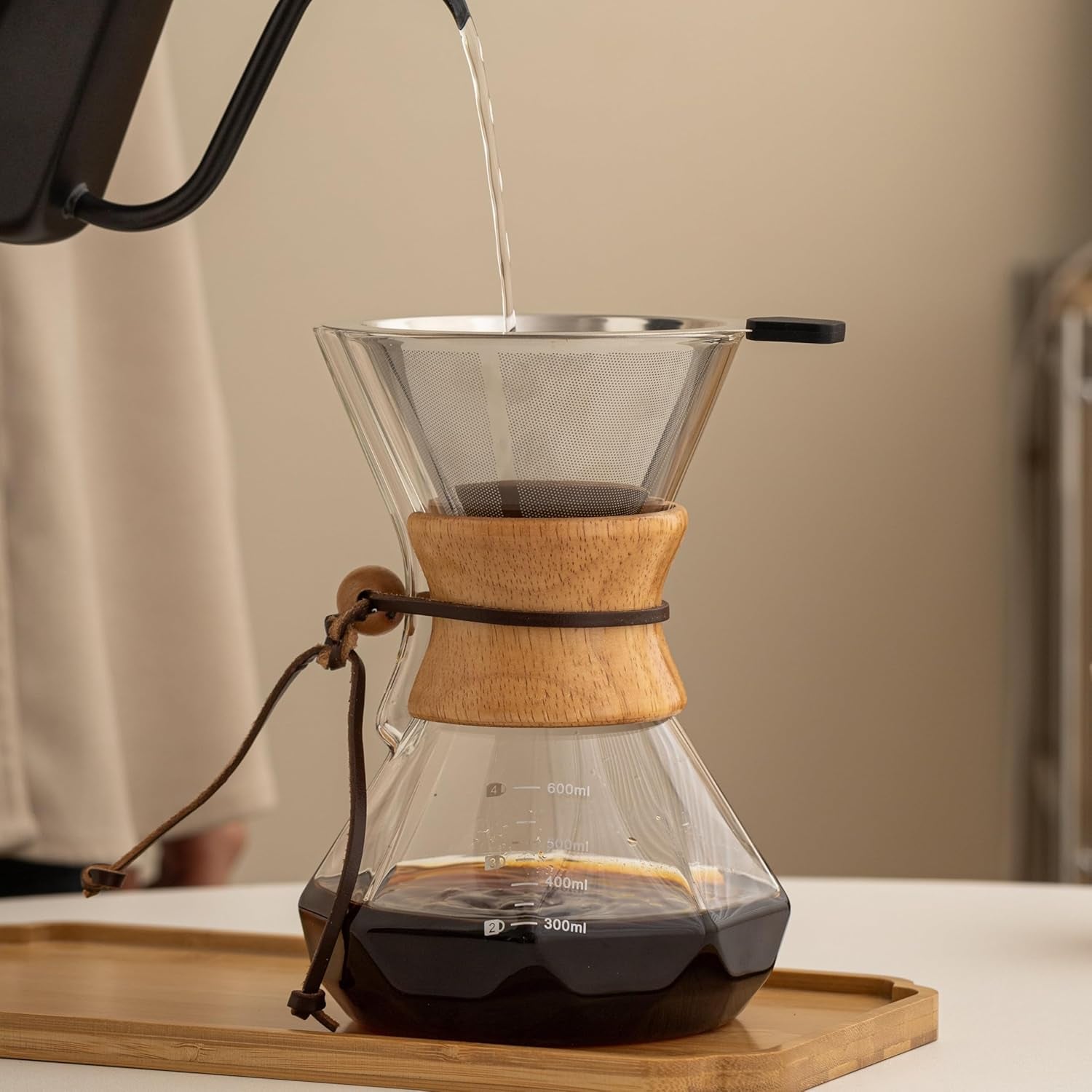 Pour over Coffee Maker with Wood Sleeve，20Oz/600Mlpour over Coffee Dripper,Pour over Coffee Maker Set with Cork Stopper (20Oz/600Ml)