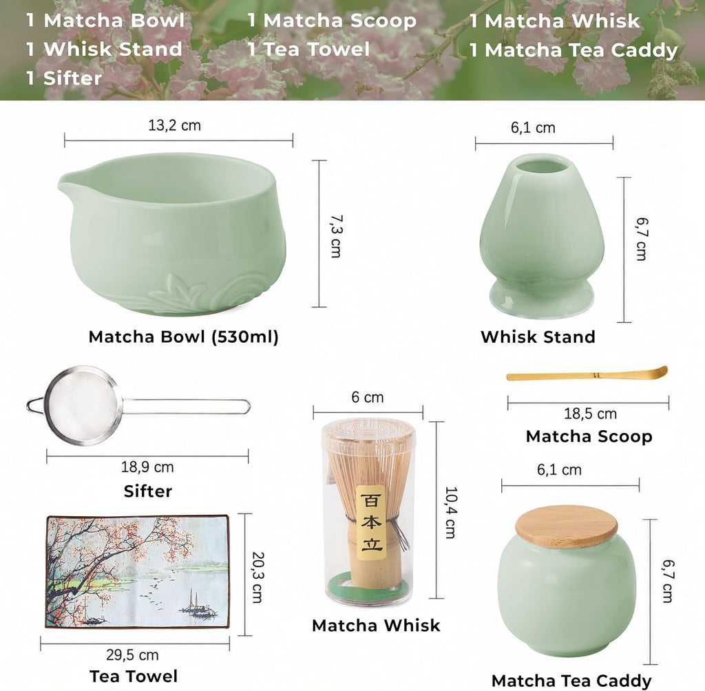 8Pcs Matcha Whisk Set - 530Ml Matcha Whisk Set with Ceramic Matcha Bowl | Japanese Tea Set | Matcha Lover Gifts | Matcha Accessories | Matcha Set | Bowl Mixing Set - Green Matcha Kit