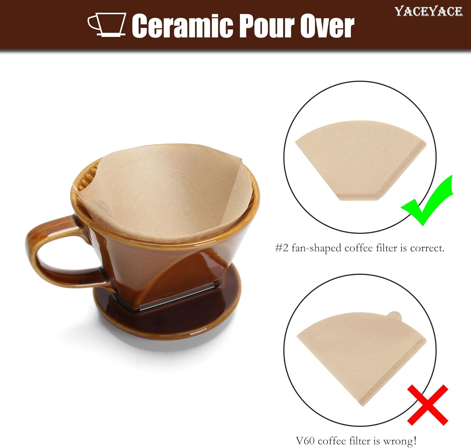Pour over Coffee Dripper, Single Brown Ceramic Pour over with 3 Holes, Medium Pour over Coffee for Shop, Home, Office and Bar