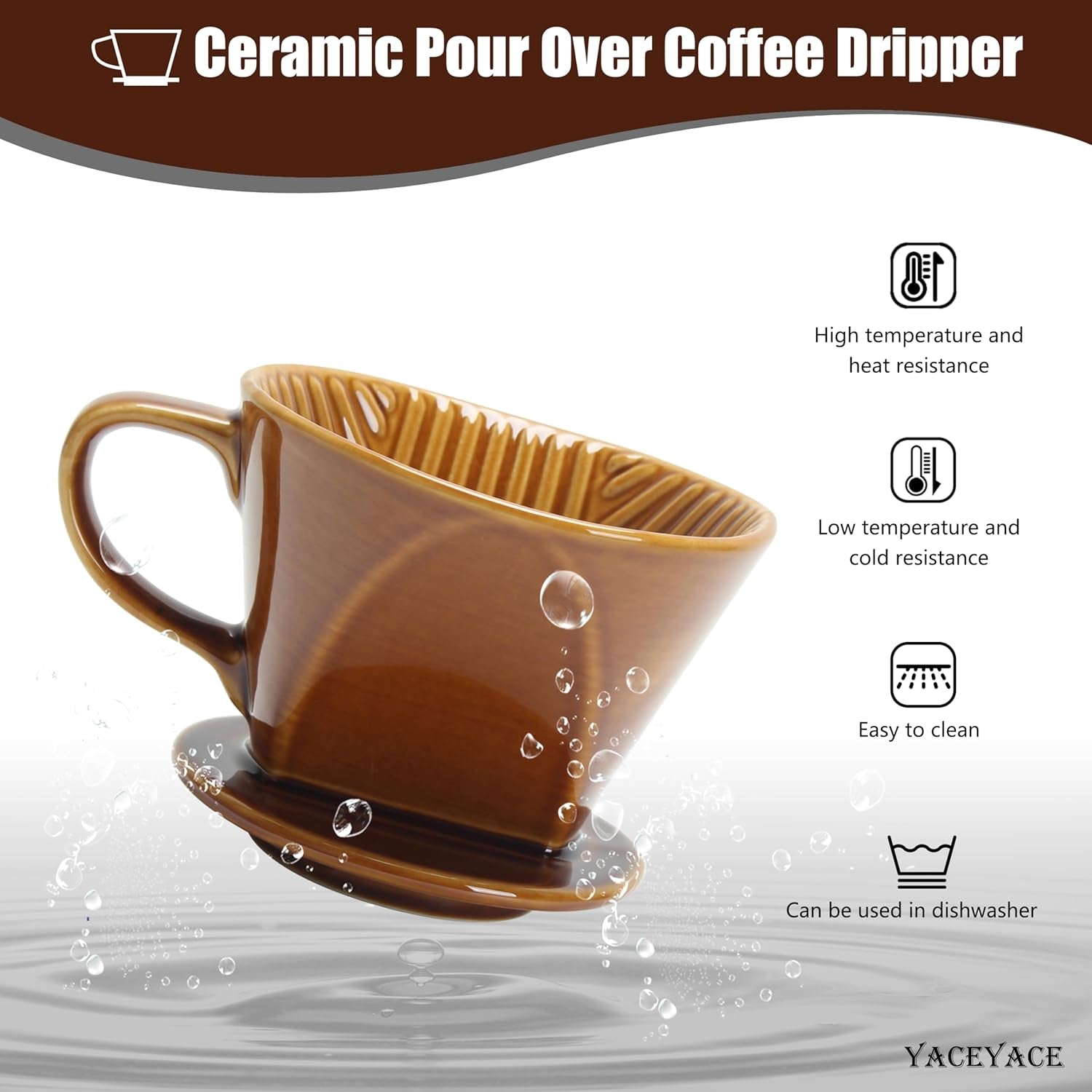Pour over Coffee Dripper, Single Brown Ceramic Pour over with 3 Holes, Medium Pour over Coffee for Shop, Home, Office and Bar