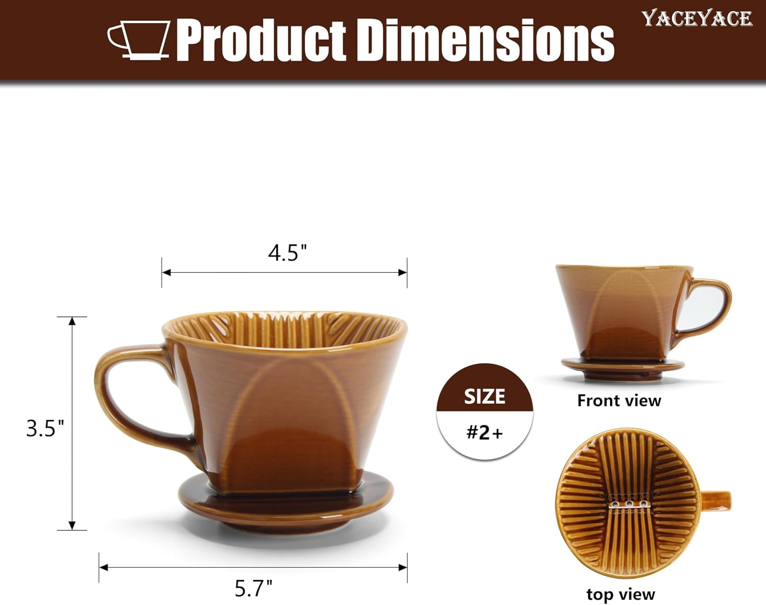 Pour over Coffee Dripper, Single Brown Ceramic Pour over with 3 Holes, Medium Pour over Coffee for Shop, Home, Office and Bar