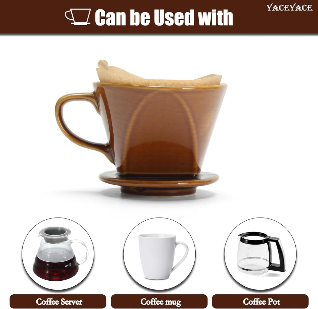 Pour over Coffee Dripper, Single Brown Ceramic Pour over with 3 Holes, Medium Pour over Coffee for Shop, Home, Office and Bar