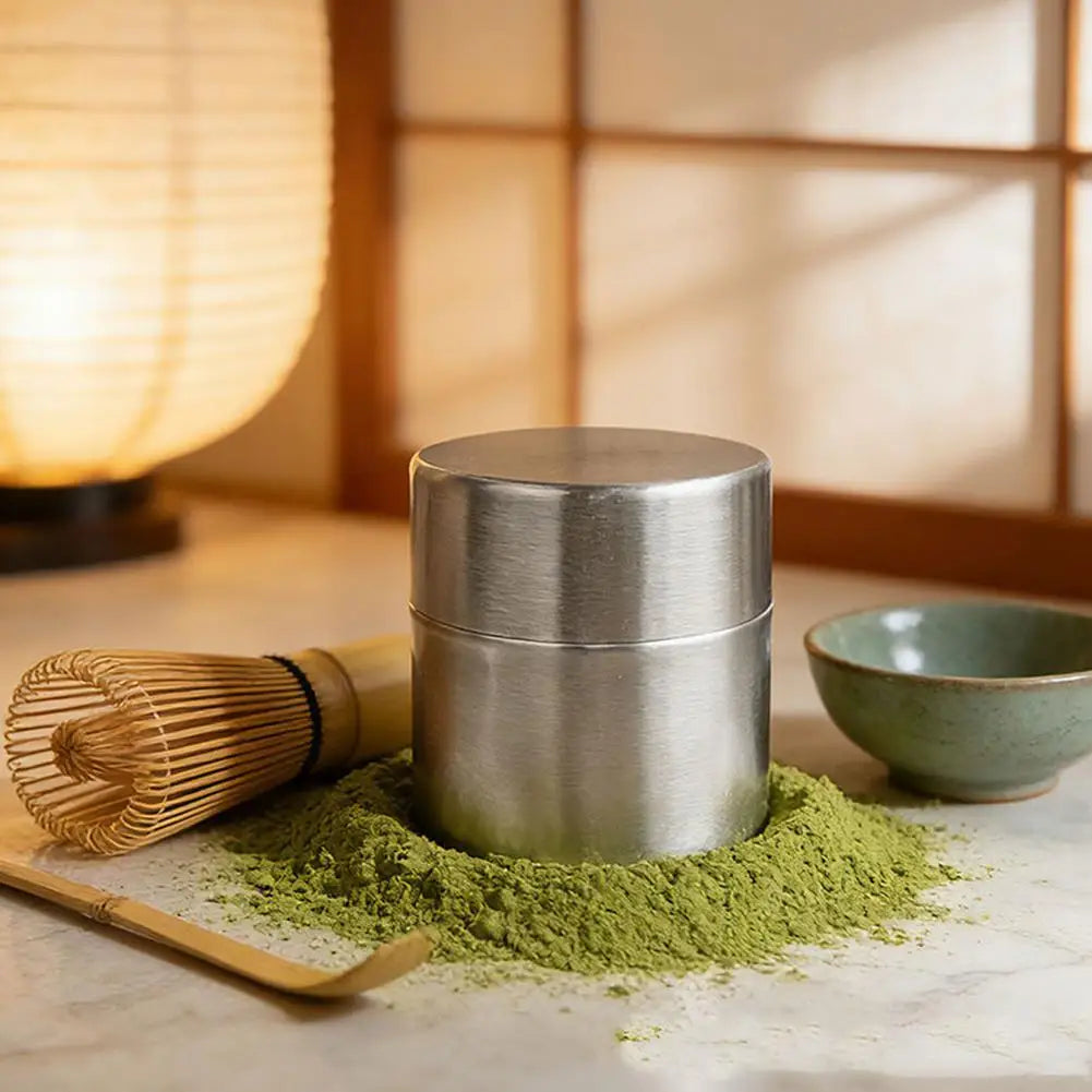 matcha storage canister stainless 100g — angle 3