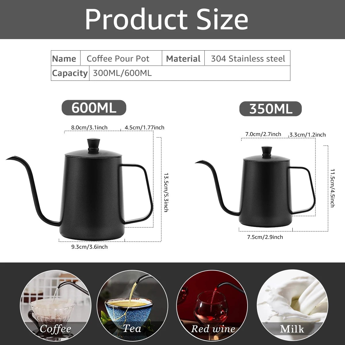gooseneck pour-over kettle 600ml — angle 5
