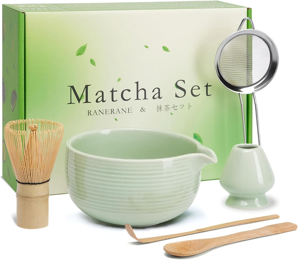 Matcha Whisk and Bowl with Ceramic Matcha Whisk Holder,Matcha Sifter, Matcha Spoon and Scoop Handmade from Natural Bamboo,Matcha Making Kit Cyan, Normal, Zymc6Pcs01-Cyan
