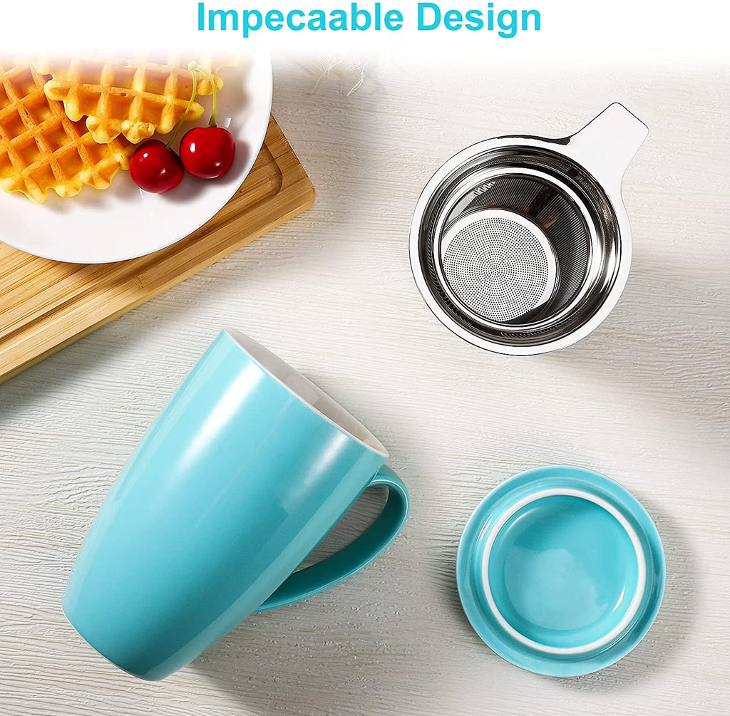 16 Oz Ceramic Tea Cup, Porcelain Tea Mug with Loose Leaf Infuser and Lid, Microwave and Dishwasher Safe Tea Mug, Tea Infuser Cup for Loose Leaf, Coffee, Cocoa and Milk, White