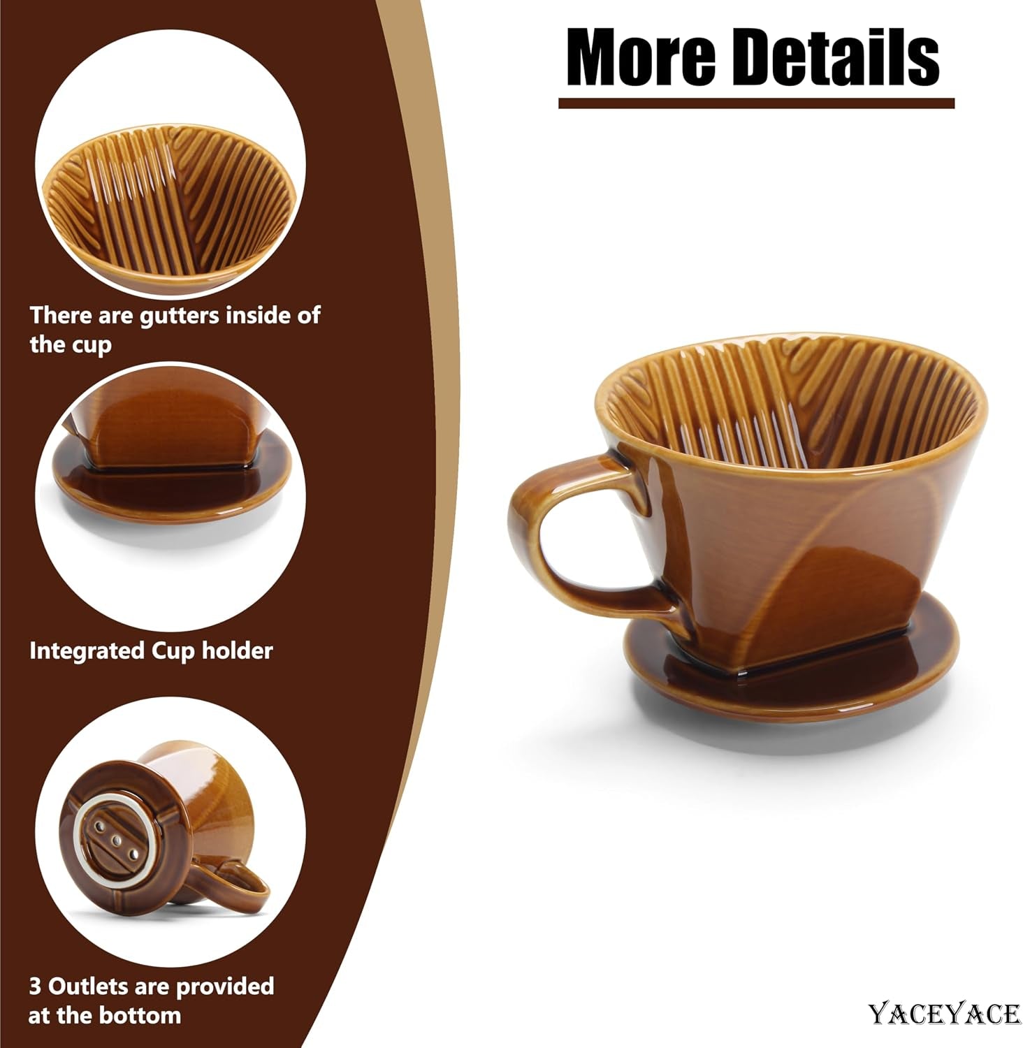 Pour over Coffee Dripper, Single Brown Ceramic Pour over with 3 Holes, Medium Pour over Coffee for Shop, Home, Office and Bar