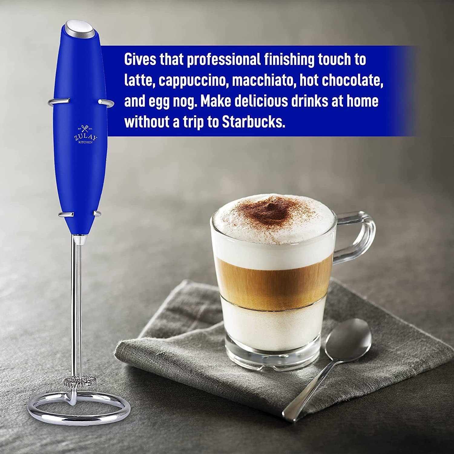 Powerful Milk Frother for Coffee with Upgraded Titanium Motor - Handheld Electric Whisk, Milk Foamer, Mini Mixer & Coffee Blender for Frappe, Latte, Matcha, No Stand - Mighty Blue