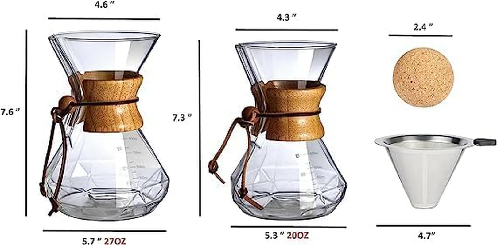 Pour over Coffee Maker with Wood Sleeve，20Oz/600Mlpour over Coffee Dripper,Pour over Coffee Maker Set with Cork Stopper (20Oz/600Ml)