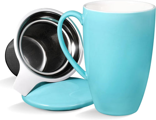 16 Oz Ceramic Tea Cup, Porcelain Tea Mug with Loose Leaf Infuser and Lid, Microwave and Dishwasher Safe Tea Mug, Tea Infuser Cup for Loose Leaf, Coffee, Cocoa and Milk, White