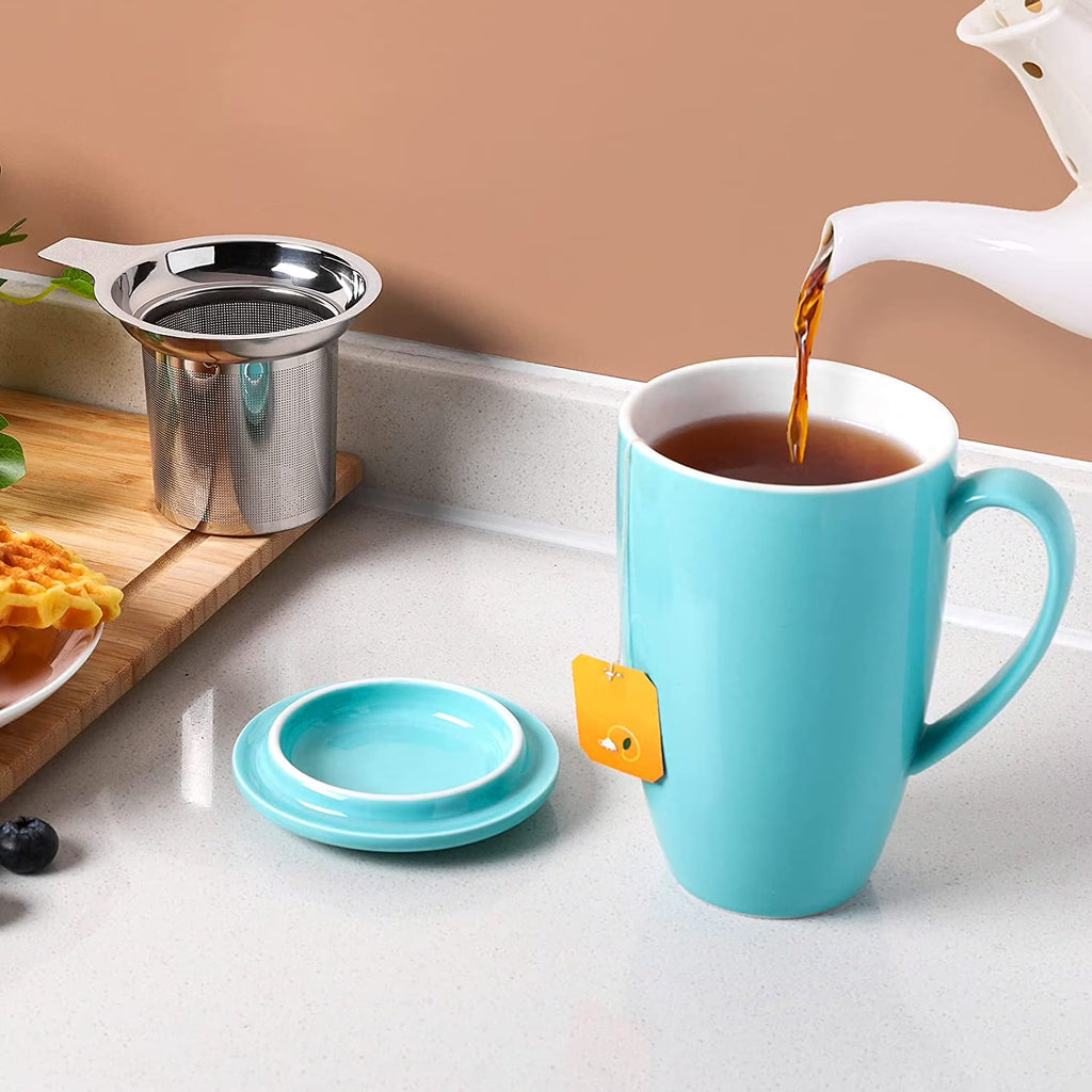 16 Oz Ceramic Tea Cup, Porcelain Tea Mug with Loose Leaf Infuser and Lid, Microwave and Dishwasher Safe Tea Mug, Tea Infuser Cup for Loose Leaf, Coffee, Cocoa and Milk, White